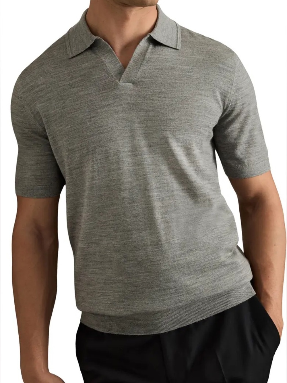 REISS Duchie Wool Open-Collar Polo Shirt in Warm Grey Melange